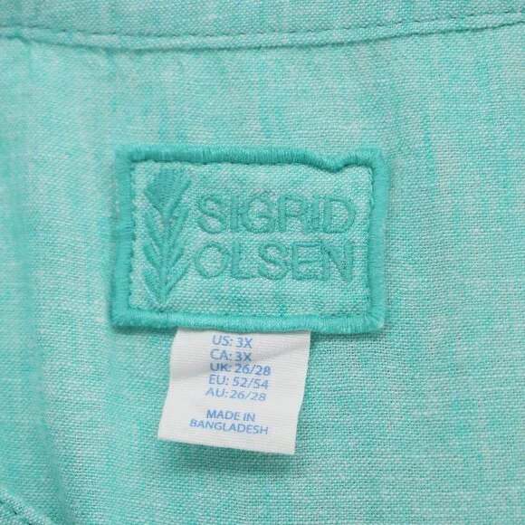 SIGRID OLSEN Linen Blend V-Neck 3/4 Sleeve Tunic Top Aqua Green Size 3X - Picture 6 of 7
